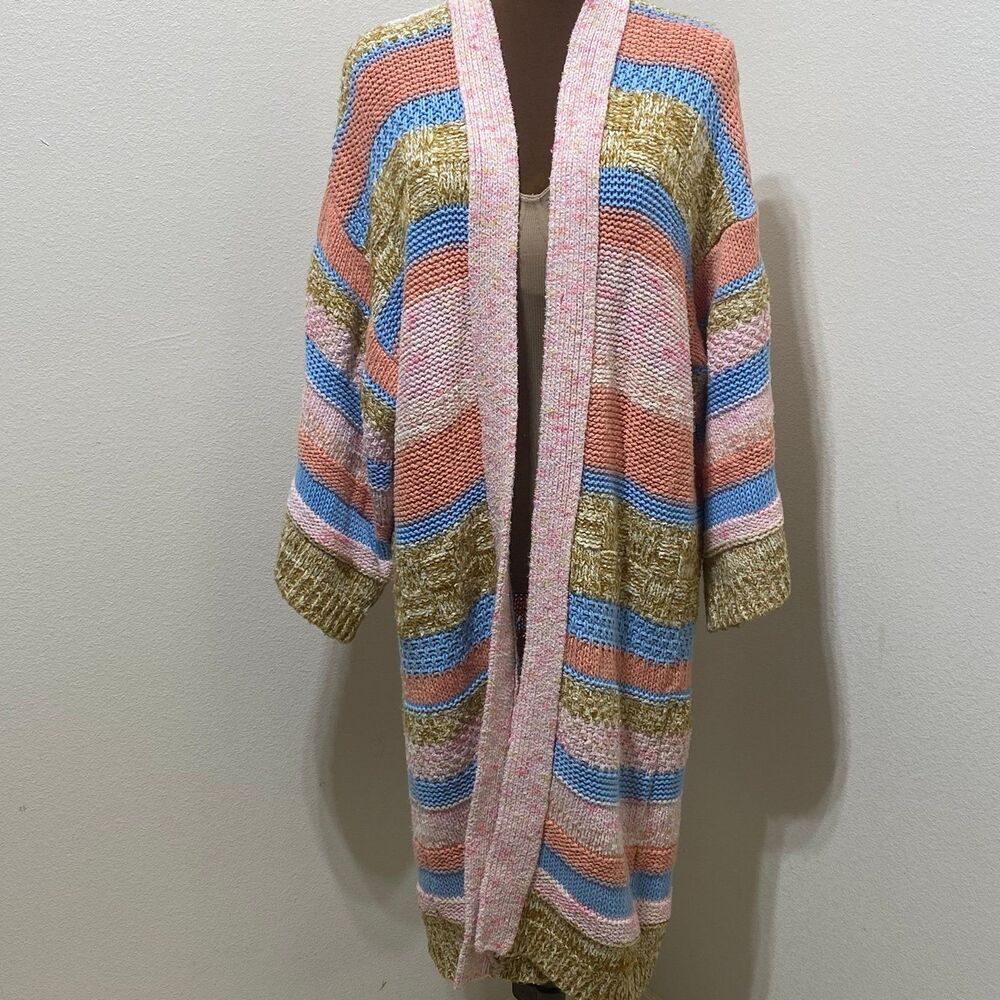 Anthropologie Textured Striped Cardigan
Knit Open Front Pink Tan Blue One Size